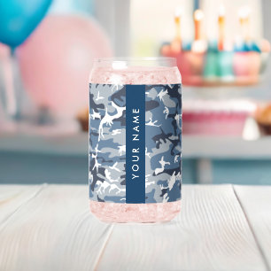 Winter Snow Blue Camouflage Your name Personalize Can Glass
