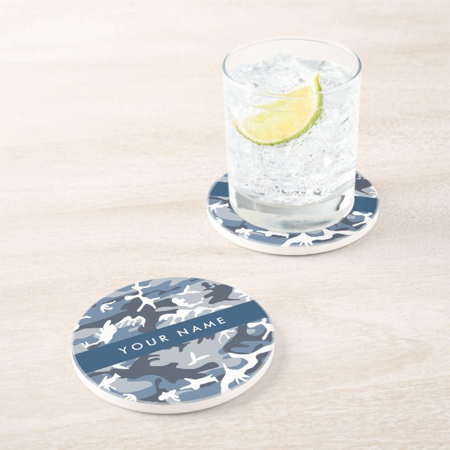 Winter Snow Blue Camouflage Your name Personalize Coaster (Side)