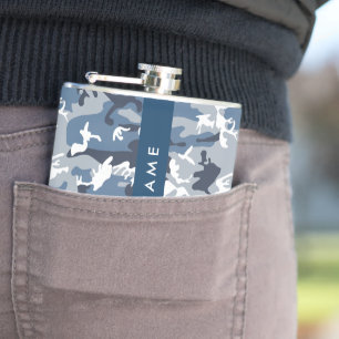 Winter Snow Blue Camouflage Your name Personalize Hip Flask