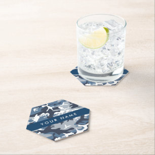 Winter Snow Blue Camouflage Your name Personalize Paper Coaster