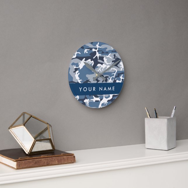 Winter Snow Blue Camouflage Your name Personalize Round Clock (Office)