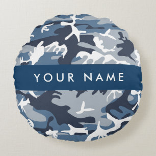 Winter Snow Blue Camouflage Your name Personalize Round Pillow
