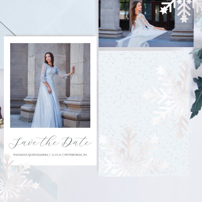 Winter Snow Blue Quinceanera Calligraphy Photo Save The Date (Creator Uploaded)