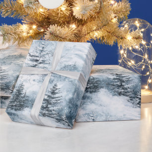 Winter Snow Blue White Christmas Pine Trees Wrapping Paper