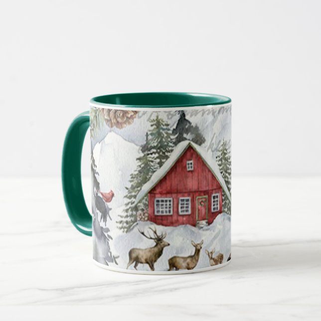 Winter Snow Cabin Woodland Forest Deer Mug (Front Left)