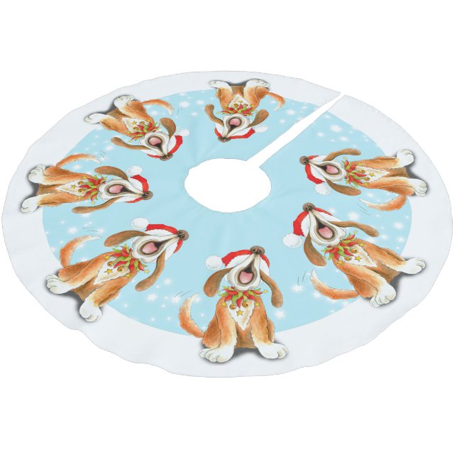 Winter snow carol singing dog tree shirt brushed polyester tree skirt (Angled)
