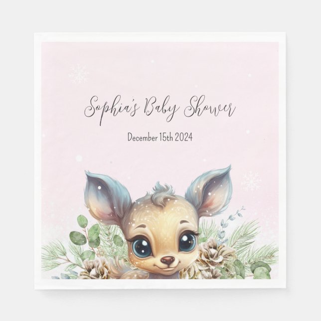 Winter Snow Cold Outside Pink Baby Shower Deer Napkin (Front)