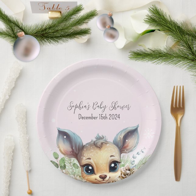 Winter Snow Cold Outside Pink Baby Shower Deer Paper Plate (Adorable Pink Winter Baby Shower Paper Plate with Cute Deer)