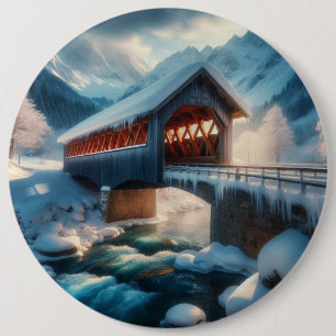 Winter, snow covered bridge & river 6 inch round button