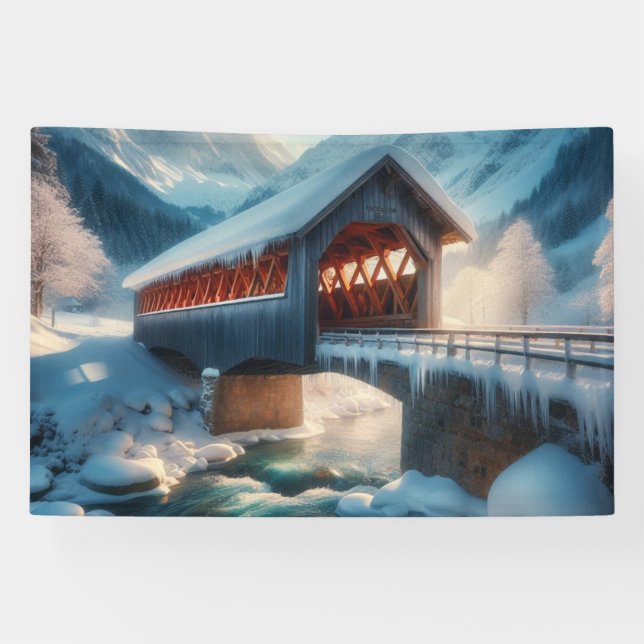 Winter, snow covered bridge & river banner (Horizontal)