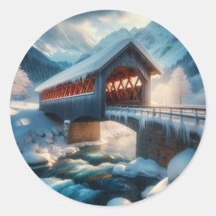 Winter, snow covered bridge & river classic round sticker