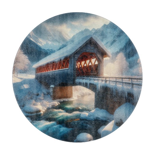 Winter, snow covered bridge & river cutting board (Front)