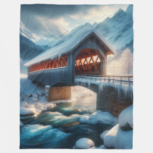 Winter, snow covered bridge & river fleece blanket (Front)