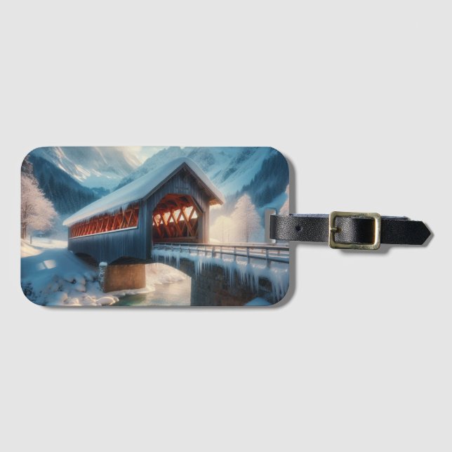 Winter, snow covered bridge & river luggage tag (Front Horizontal)