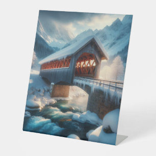 Winter, snow covered bridge & river pedestal sign
