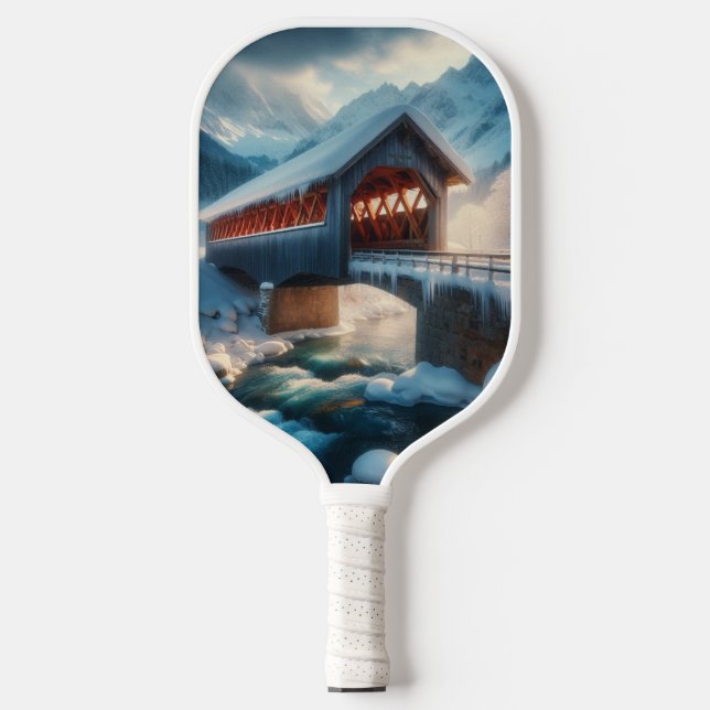 Winter, snow covered bridge & river pickleball paddle (Front)