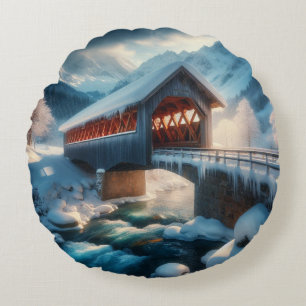 Winter, snow covered bridge & river round pillow