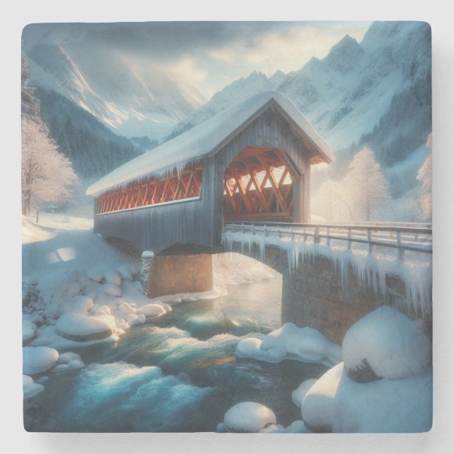 Winter, snow covered bridge & river stone coaster (Front)
