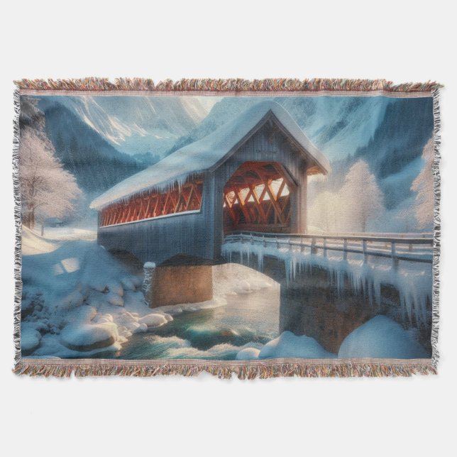 Winter, snow covered bridge & river throw blanket (Front)