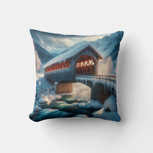 Winter, snow covered bridge & river throw pillow
