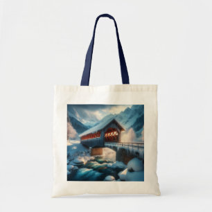Winter, snow covered bridge & river tote bag