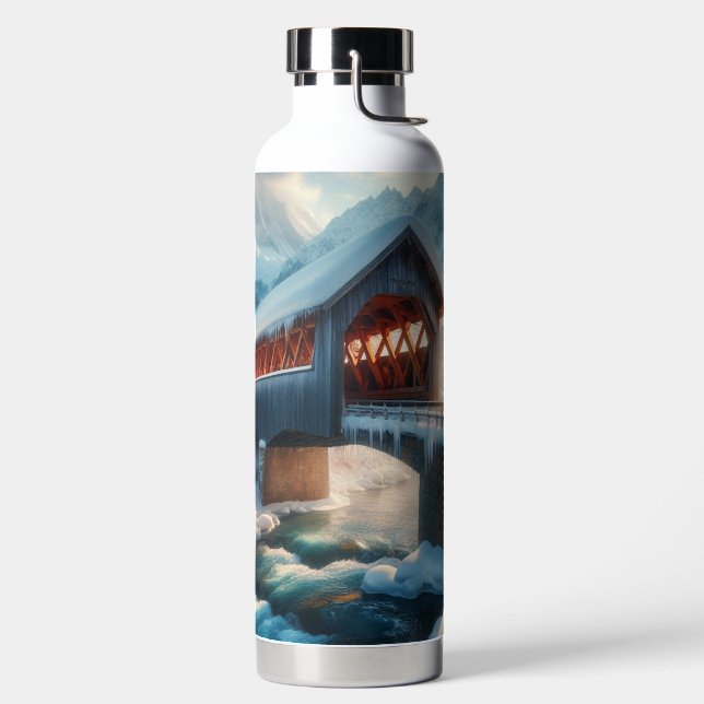 Winter, snow covered bridge & river water bottle (Left)