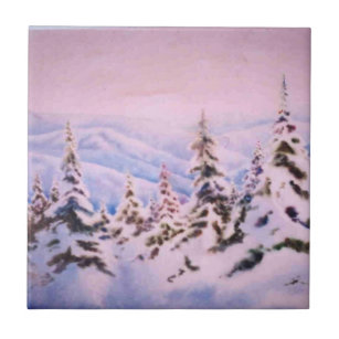 Winter snow covered pines and mountains tile