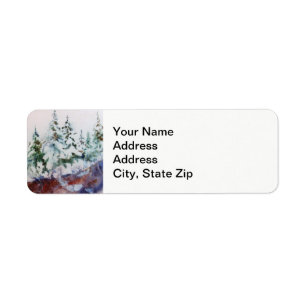 Winter snow covered pines, pink sunrise landscape.