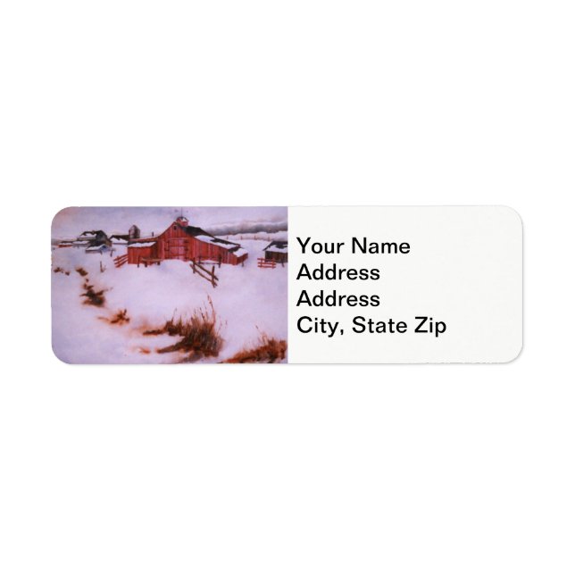 Winter snow covered red barn, farm shed landscape. (Front)
