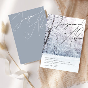 Winter Snow Dusty Blue Woodland Script Wedding Invitation