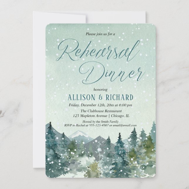 Winter snow fall mountains rustic rehearsal dinner invitation (Front)