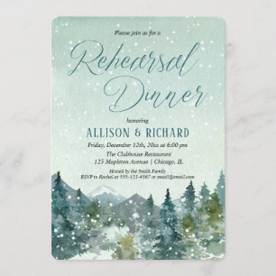 Winter snow fall mountains rustic rehearsal dinner invitation