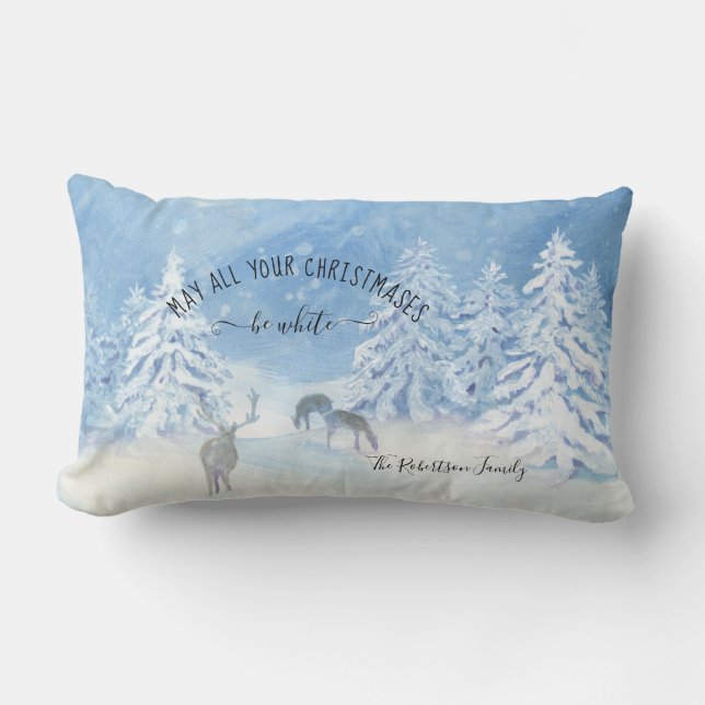 Winter Snow Forest Christmas be White Family Name Lumbar Pillow (Front)