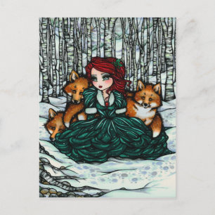 Winter Snow Foxes Forest Girl Fantasy Art Postcard