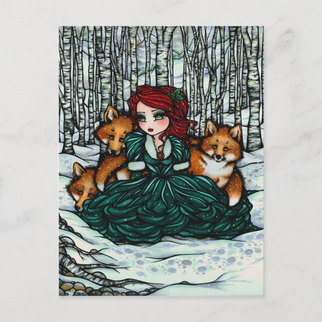 Winter Snow Foxes Forest Girl Fantasy Art Postcard (Front)