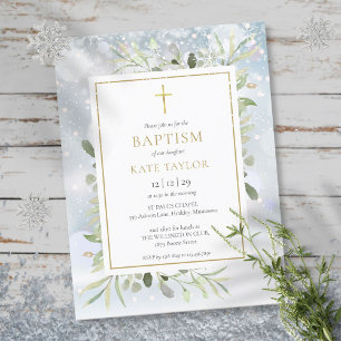 Winter Snow Greenery Baptism Invitation Postcard
