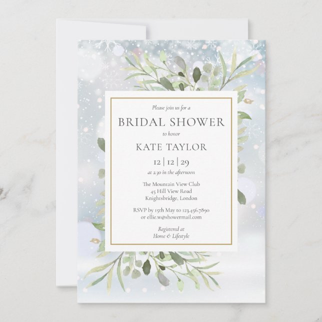 Winter Snow Greenery QR Code Photo Bridal Shower Invitation (Front)