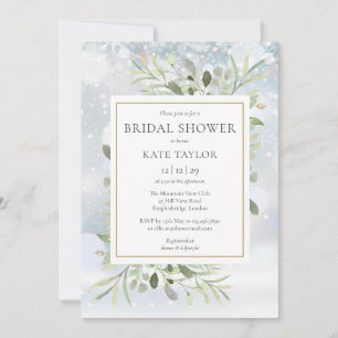 Winter Snow Greenery QR Code Photo Bridal Shower Invitation