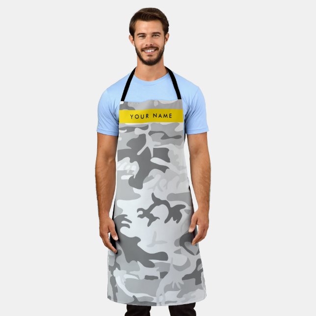 Winter Snow Grey Camouflage Your name Personalize Apron (Worn)