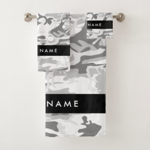 Winter Snow Grey Camouflage Your name Personalize Bath Towel Set