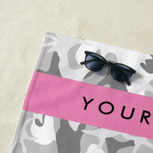 Winter Snow Grey Camouflage Your name Personalize Beach Towel
