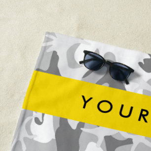 Winter Snow Grey Camouflage Your name Personalize Beach Towel