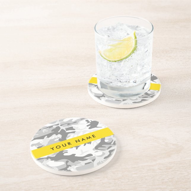 Winter Snow Grey Camouflage Your name Personalize Coaster (Side)