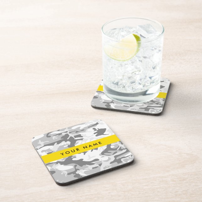Winter Snow Grey Camouflage Your name Personalize Coaster (Right Side)