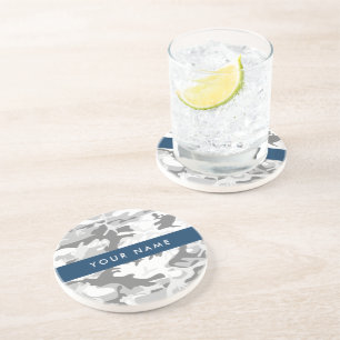 Winter Snow Grey Camouflage Your name Personalize Coaster