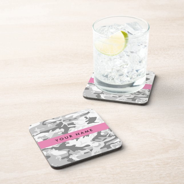 Winter Snow Grey Camouflage Your name Personalize Coaster (Right Side)