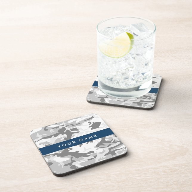 Winter Snow Grey Camouflage Your name Personalize Coaster (Right Side)