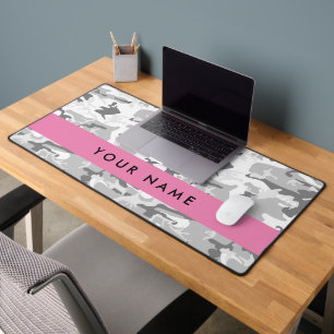 Winter Snow Grey Camouflage Your name Personalize Desk Mat