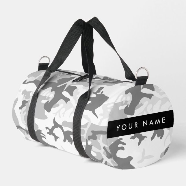 Winter Snow Grey Camouflage Your name Personalize Duffle Bag (Left Corner)