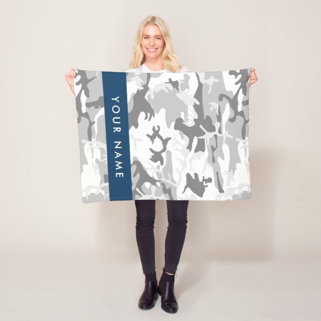 Winter Snow Grey Camouflage Your name Personalize Fleece Blanket (In Situ)